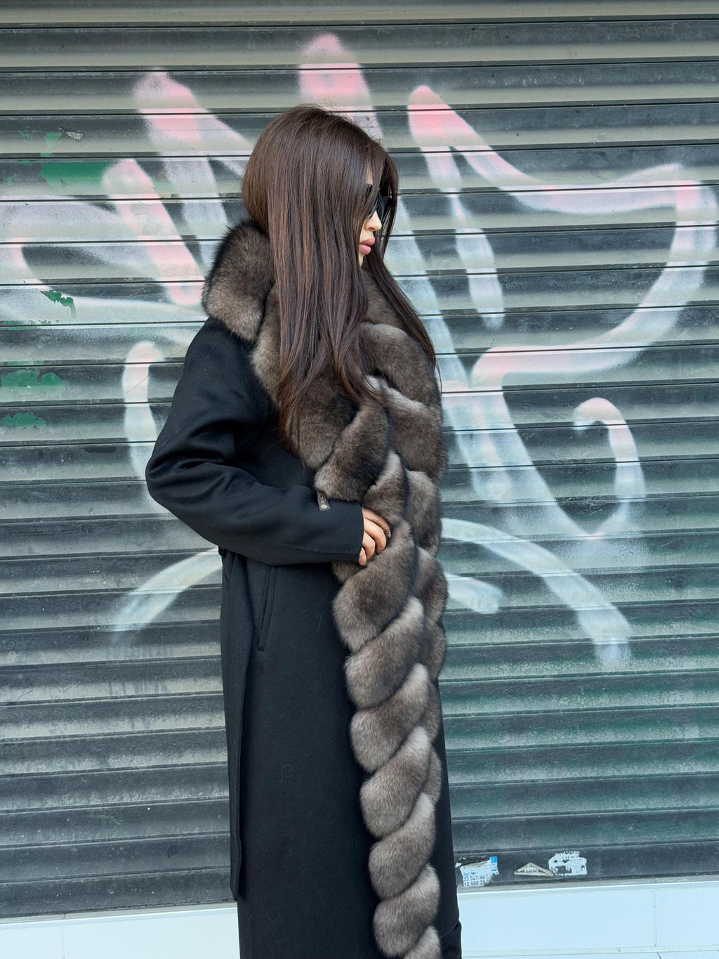Black Long Alpaca Wool Coat, Front Fox Fur Jacket. / Long Fox Fur Coat | Women Fox Fur Jacket..| Sable Brown Fox Fur Jacket