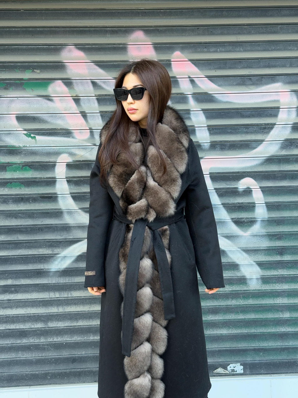Black Long Alpaca Wool Coat, Front Fox Fur Jacket. / Long Fox Fur Coat | Women Fox Fur Jacket..| Sable Brown Fox Fur Jacket