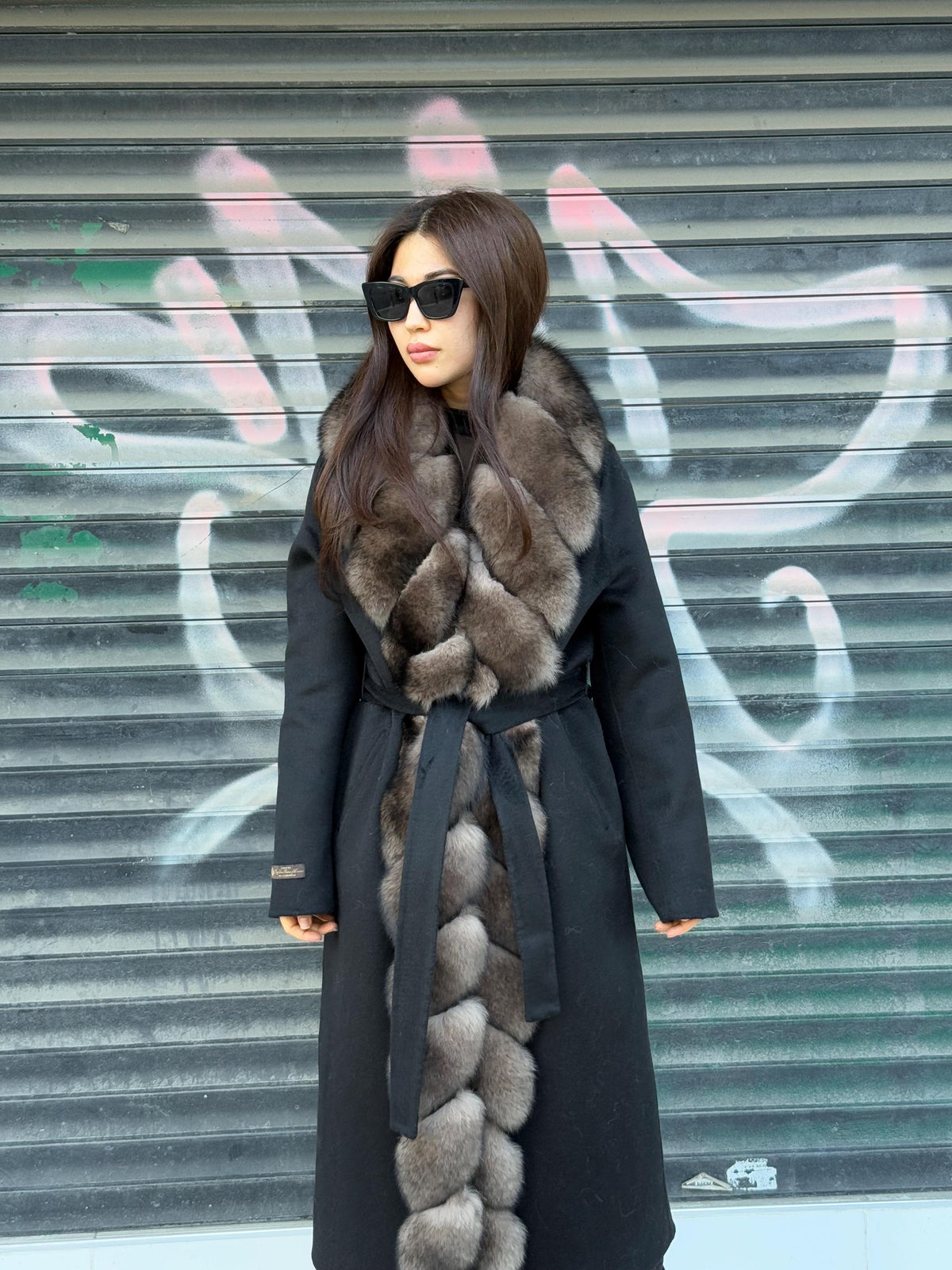 Black Long Alpaca Wool Coat, Front Fox Fur Jacket. / Long Fox Fur Coat | Women Fox Fur Jacket..| Sable Brown Fox Fur Jacket