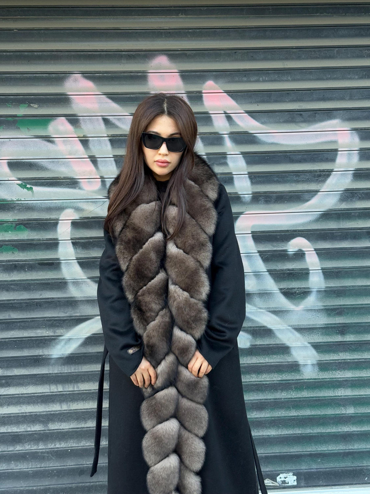 Black Long Alpaca Wool Coat, Front Fox Fur Jacket. / Long Fox Fur Coat | Women Fox Fur Jacket..| Sable Brown Fox Fur Jacket