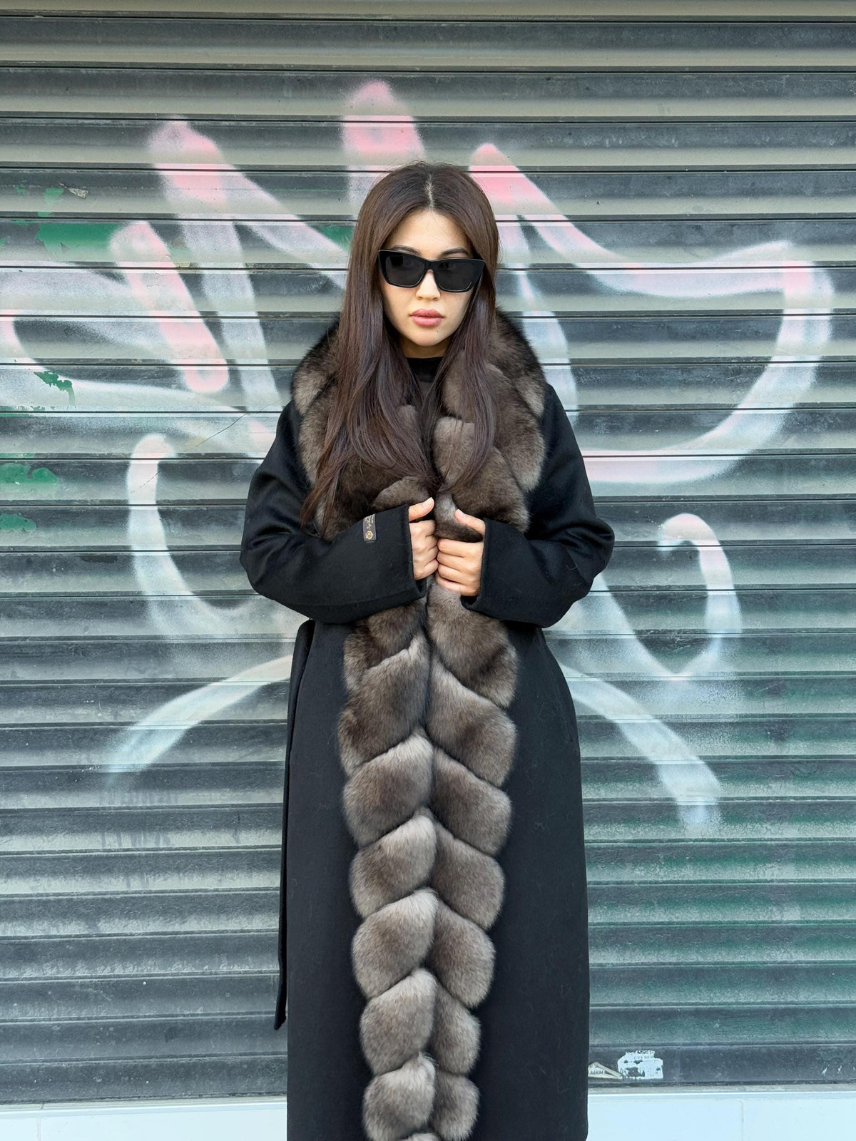 Black Long Alpaca Wool Coat, Front Fox Fur Jacket. / Long Fox Fur Coat | Women Fox Fur Jacket..| Sable Brown Fox Fur Jacket
