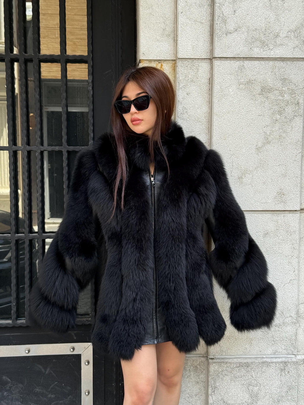 Women’s Black Fox Fur Jacket, Handmade Luxury Short Winter Fur Coat