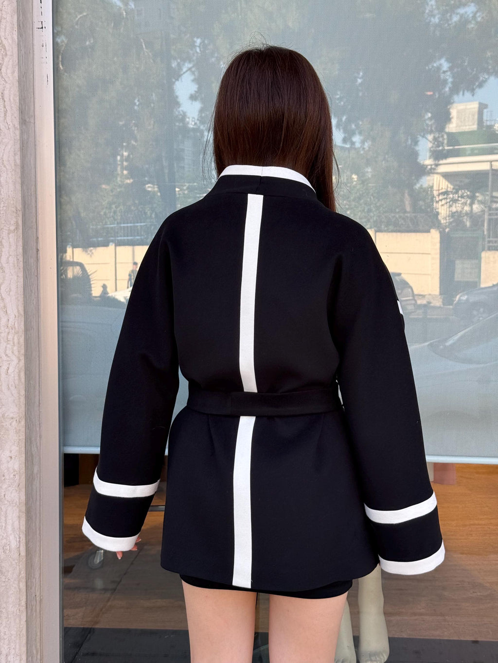 Handmade Cashmere Wool Short Coat with Contrast Trim – Belted Minimalist Jacket for Women | Black & Brown Options | Elegant Modern Outerwear