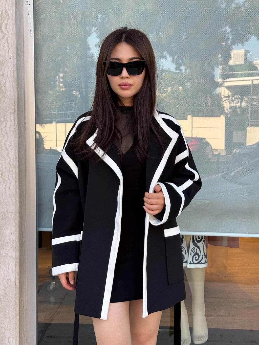 Handmade Cashmere Wool Short Coat with Contrast Trim – Belted Minimalist Jacket for Women | Black & Brown Options | Elegant Modern Outerwear