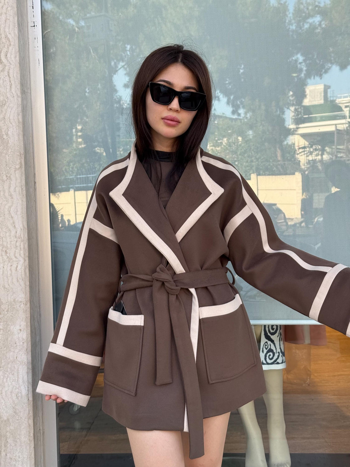 Handmade Cashmere Wool Short Coat with Contrast Trim – Belted Minimalist Jacket for Women | Black & Brown Options | Elegant Modern Outerwear