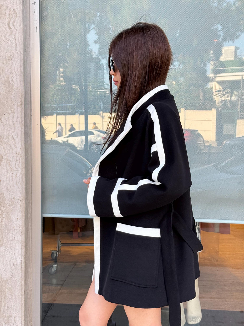 Handmade Cashmere Wool Short Coat with Contrast Trim – Belted Minimalist Jacket for Women | Black & Brown Options | Elegant Modern Outerwear