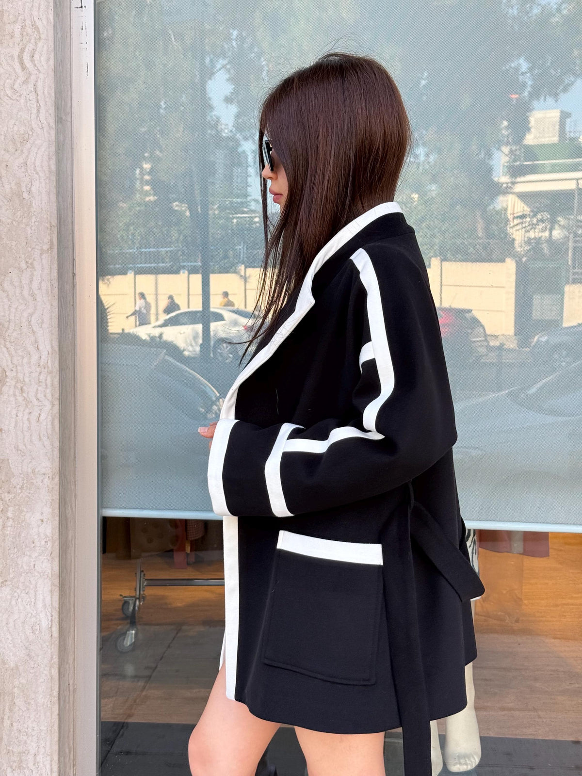 Handmade Cashmere Wool Short Coat with Contrast Trim – Belted Minimalist Jacket for Women | Black & Brown Options | Elegant Modern Outerwear