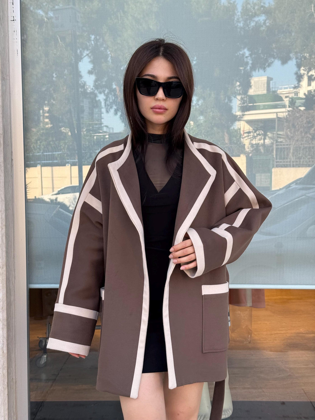 Handmade Cashmere Wool Short Coat with Contrast Trim – Belted Minimalist Jacket for Women | Black & Brown Options | Elegant Modern Outerwear