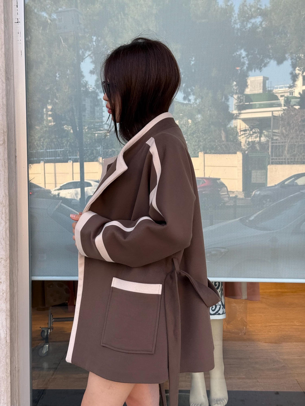 Handmade Cashmere Wool Short Coat with Contrast Trim – Belted Minimalist Jacket for Women | Black & Brown Options | Elegant Modern Outerwear