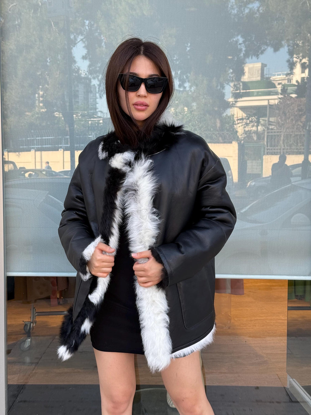 Reversible Shearling Coat, Handmade Women’s Black White Cow Print Lamb Fur Jacket