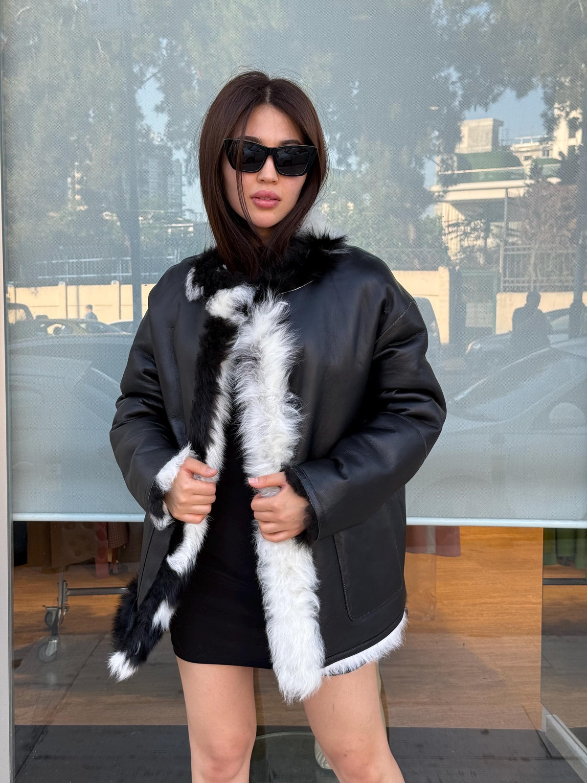 Reversible Shearling Coat, Handmade Women’s Black White Cow Print Lamb Fur Jacket