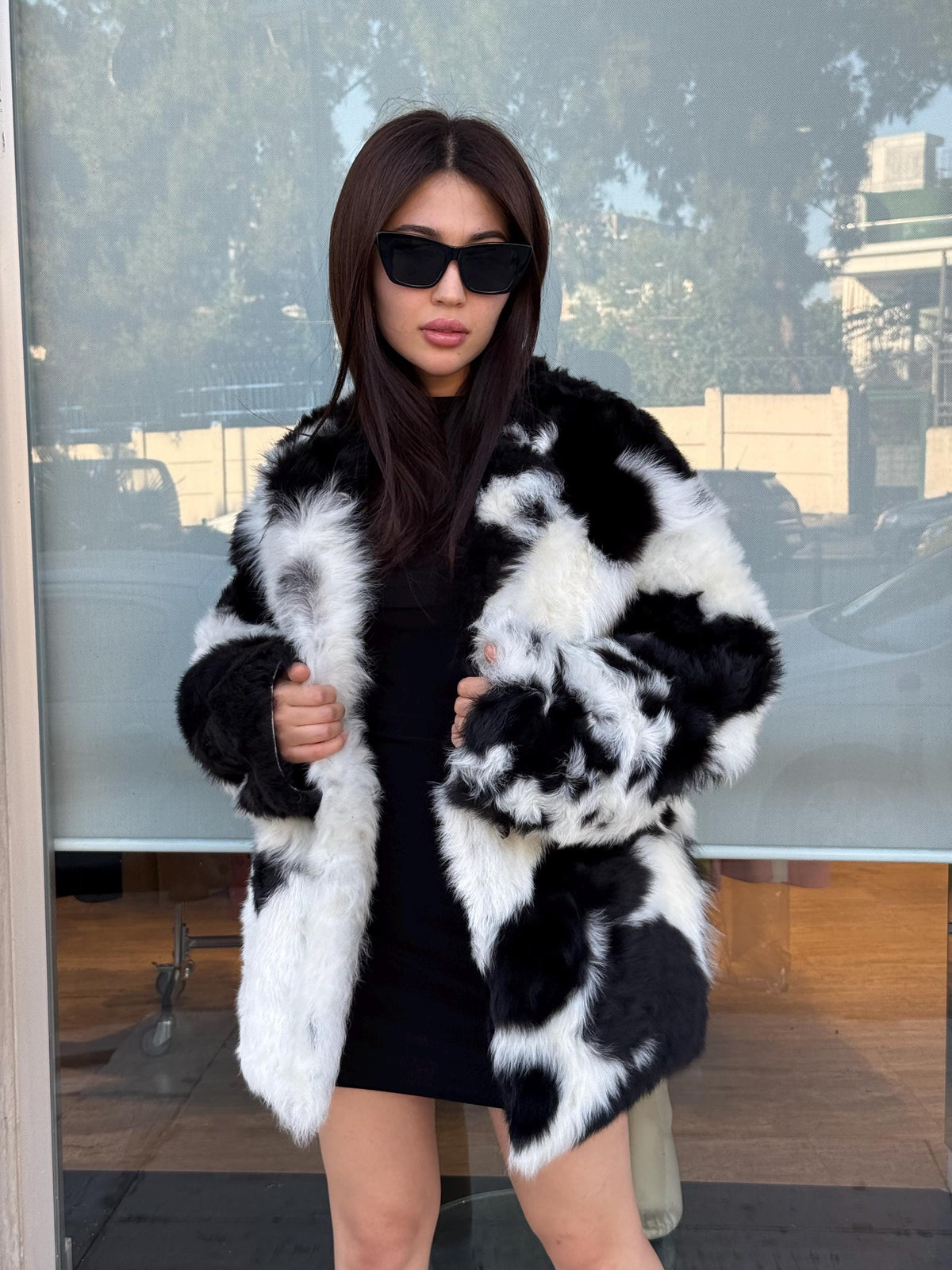 Reversible Shearling Coat, Handmade Women’s Black White Cow Print Lamb Fur Jacket