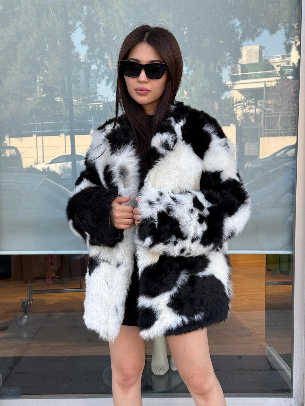 Reversible Shearling Coat, Handmade Women’s Black White Cow Print Lamb Fur Jacket