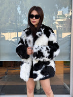 Reversible Shearling Coat, Handmade Women’s Black White Cow Print Lamb Fur Jacket