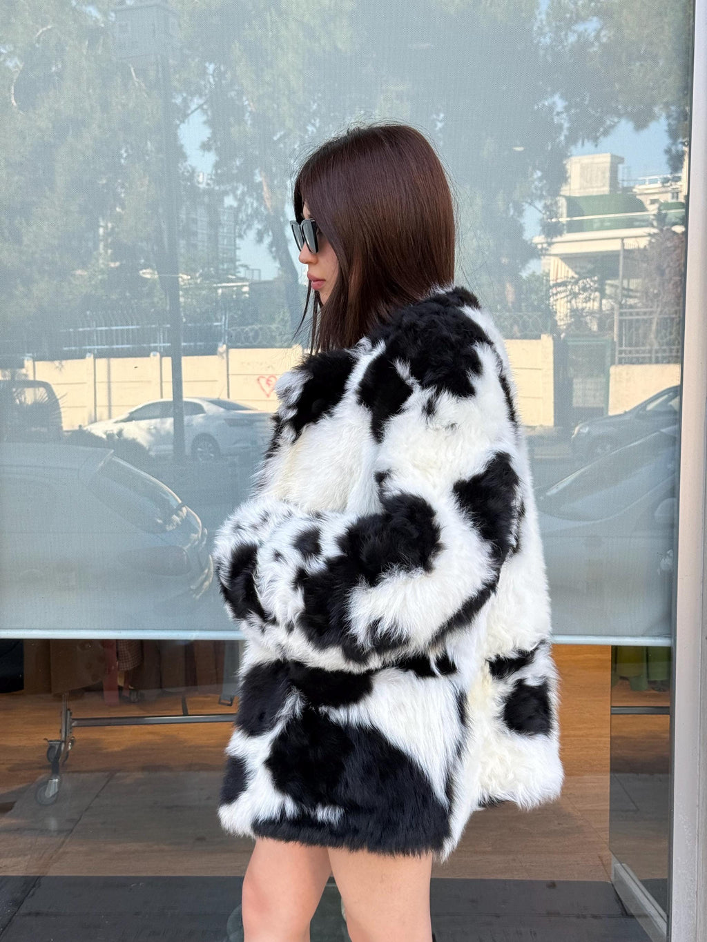 Reversible Shearling Coat, Handmade Women’s Black White Cow Print Lamb Fur Jacket