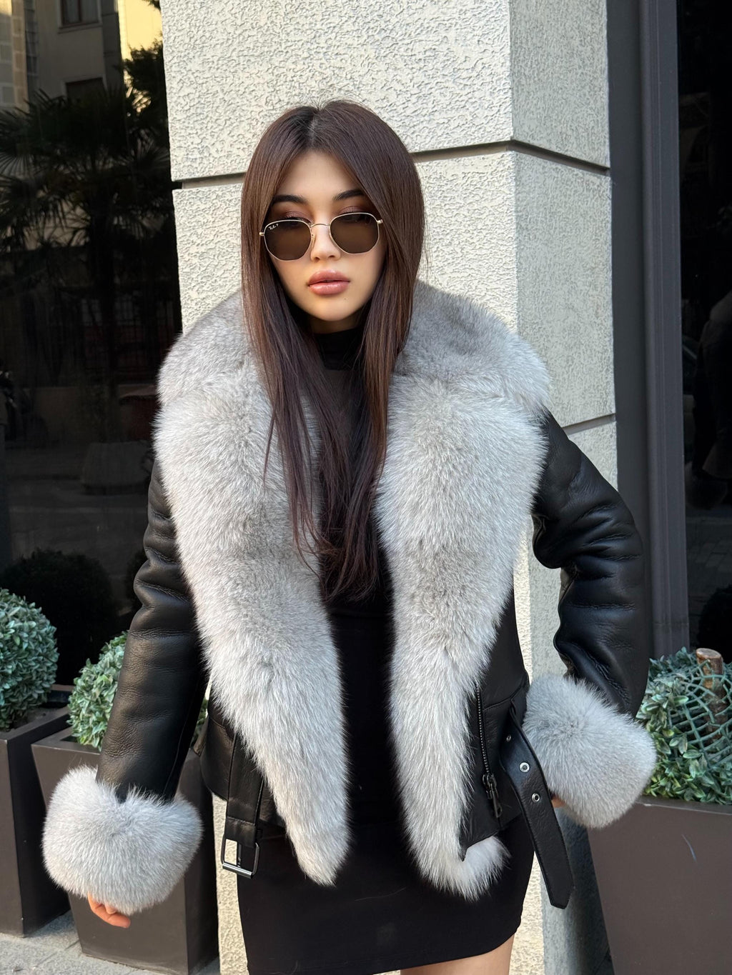 Black Shearling Coat Women, Short Handmade Front Fox Fur Jacket, Winter Lamb Fur Coat