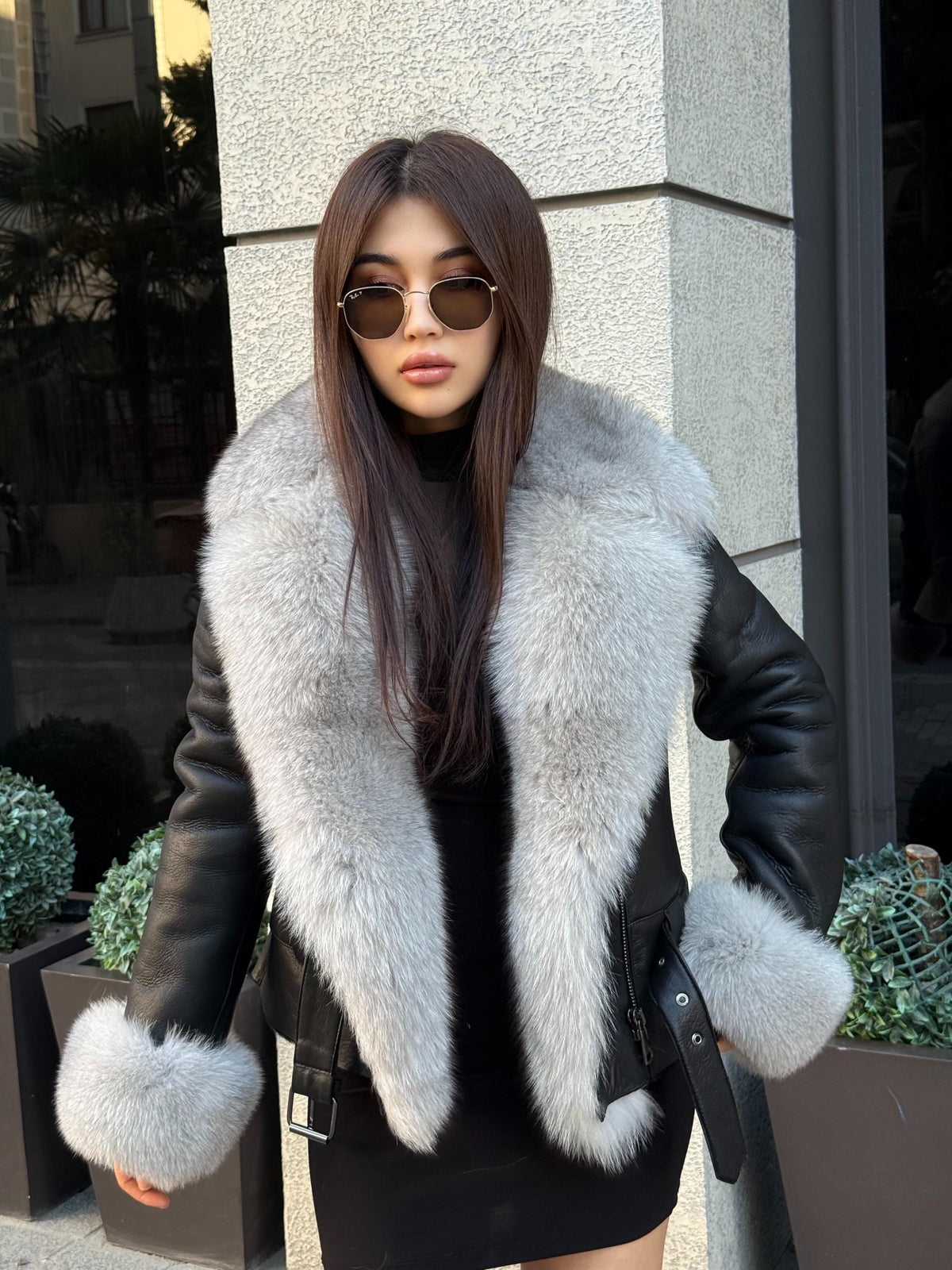 Black Shearling Coat Women, Short Handmade Front Fox Fur Jacket, Winter Lamb Fur Coat