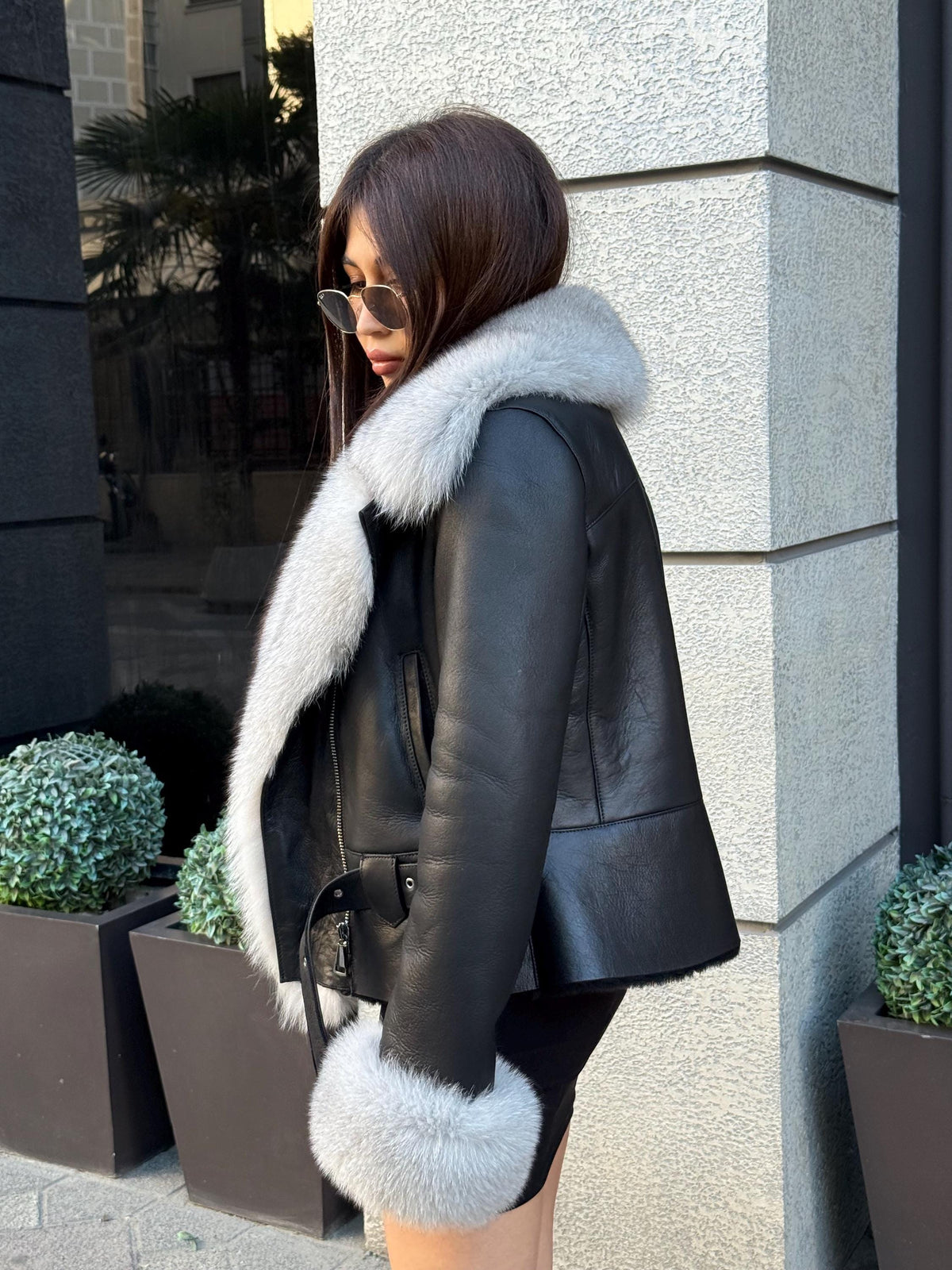 Black Shearling Coat Women, Short Handmade Front Fox Fur Jacket, Winter Lamb Fur Coat