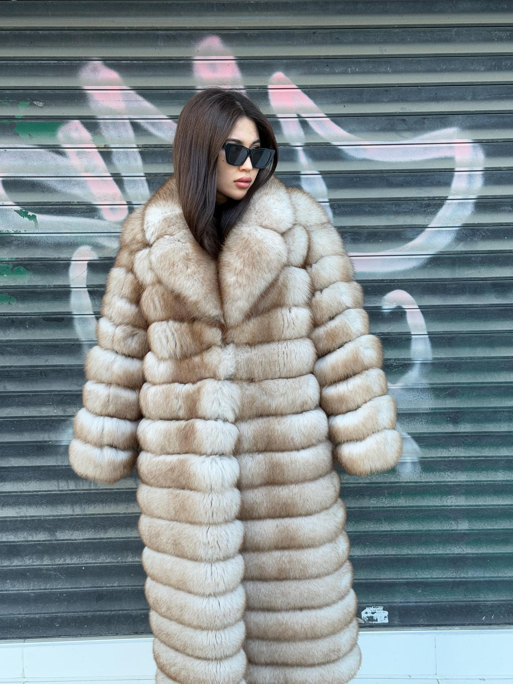 Golden Beige Fox Fur Coat , Handmade Luxury Long Fox Fur Jacket For Women