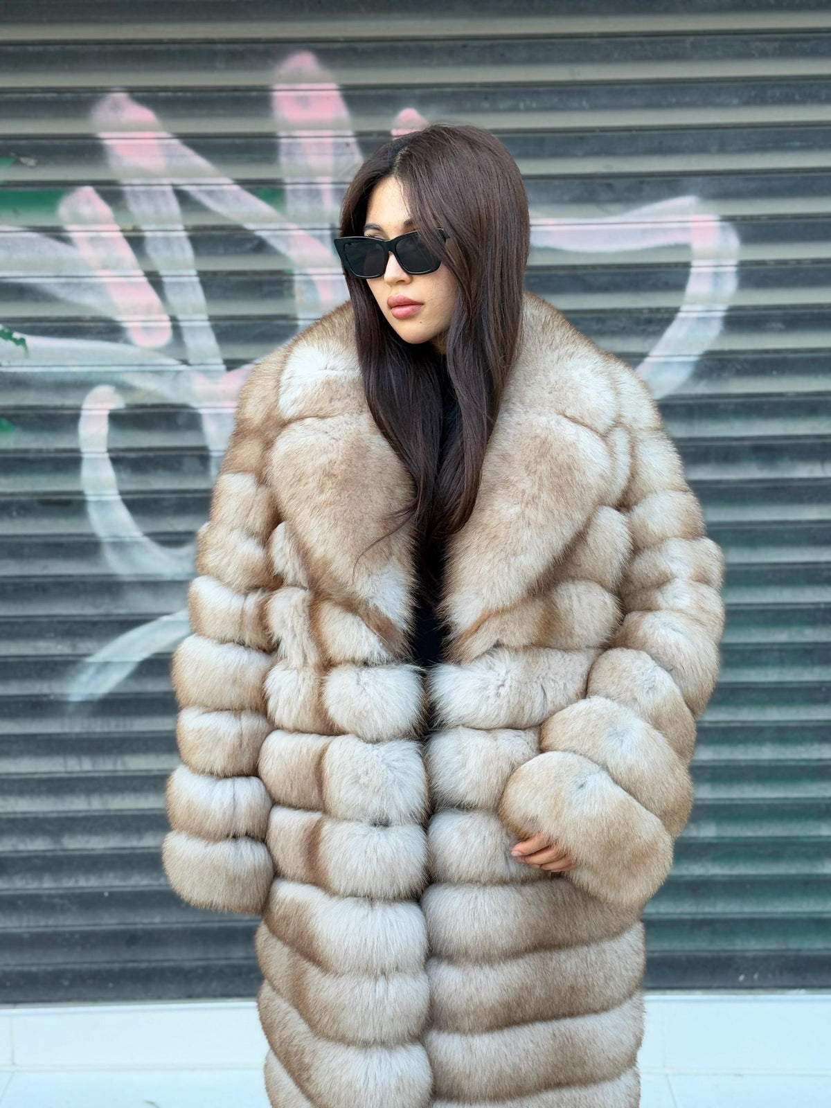 Golden Beige Fox Fur Coat , Handmade Luxury Long Fox Fur Jacket For Women
