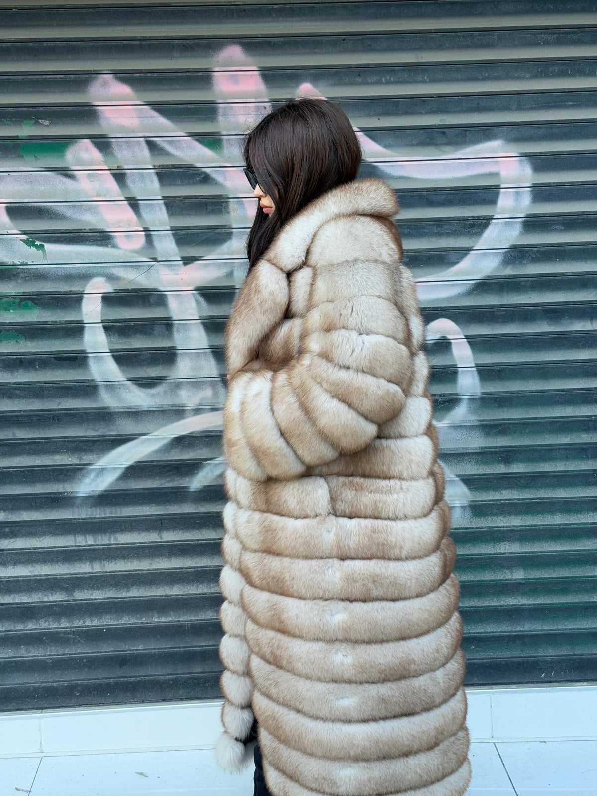 Golden Beige Fox Fur Coat , Handmade Luxury Long Fox Fur Jacket For Women