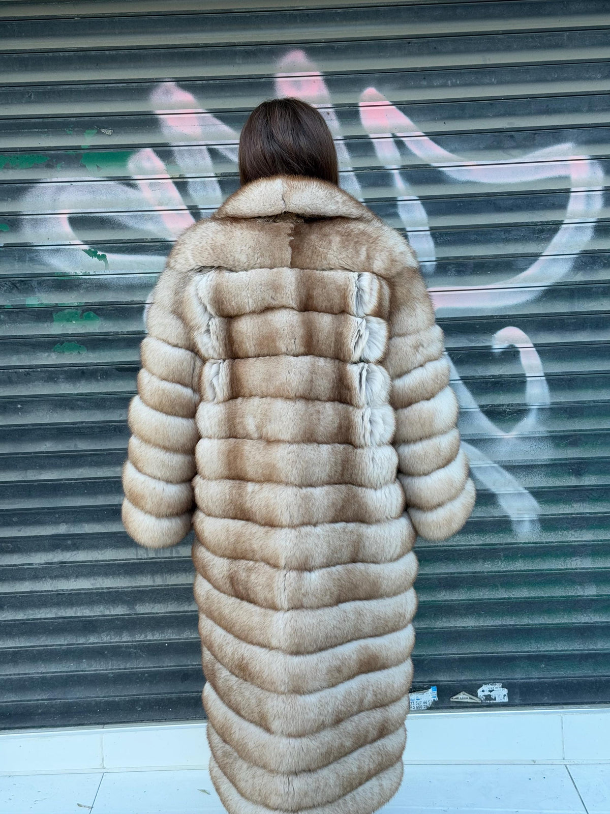 Golden Beige Fox Fur Coat , Handmade Luxury Long Fox Fur Jacket For Women