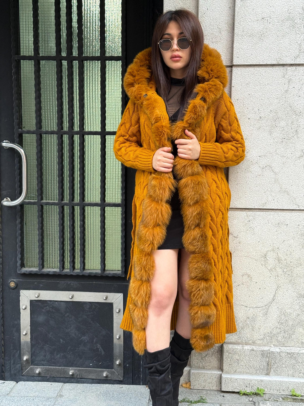 Handmade Women Luxury Knit Cardigan with Hood Front Real Fox Fur Trim Coat –Handcrafted Long Knitwear Coat – Elegant Outerwear for Women