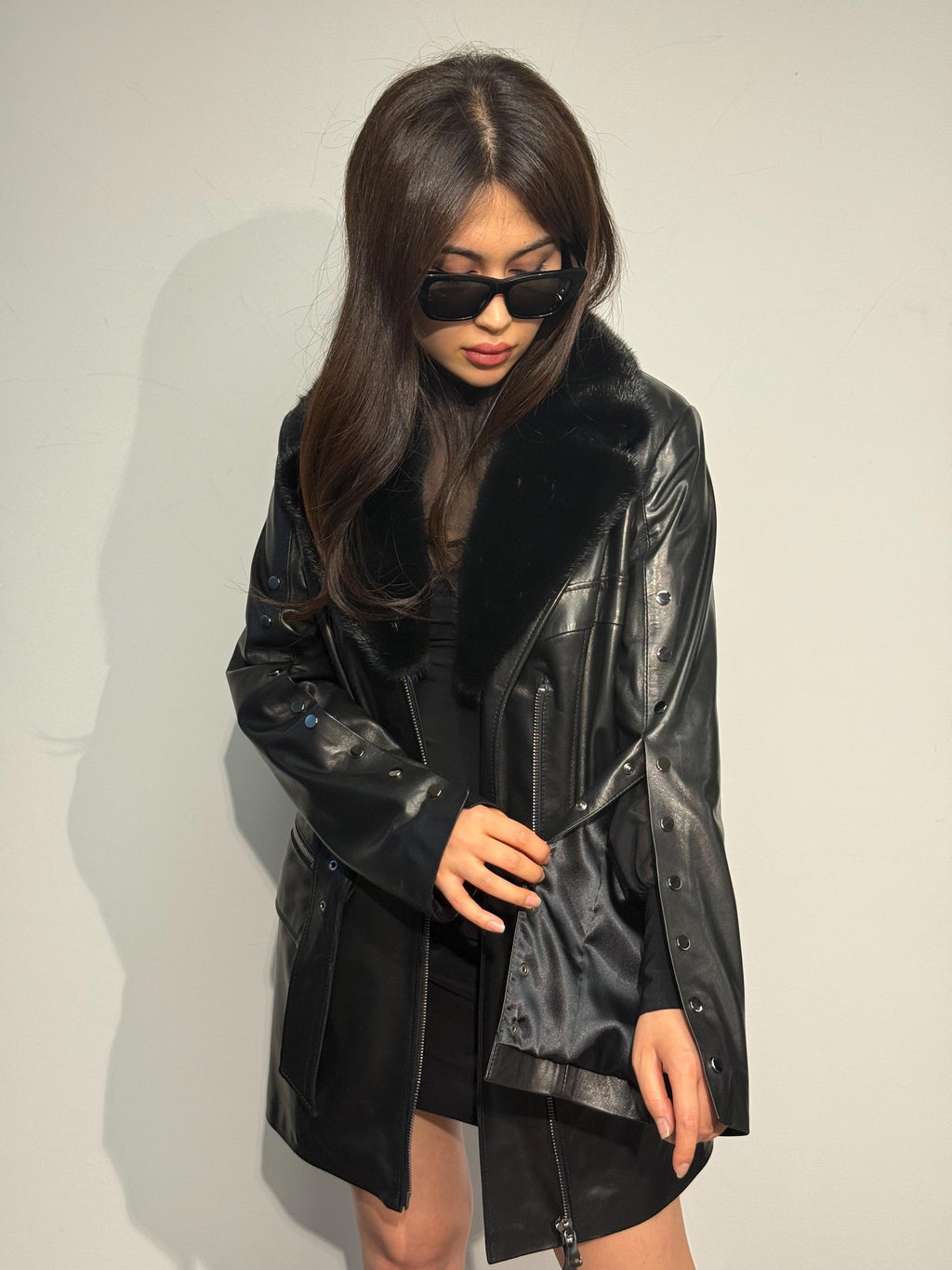 Luxury Black Leather Coat with Mink Fur Collar | Handmade Genuine Leather Jacket | Designer Trench with Snap Sleeves & Belt - Gift For Her