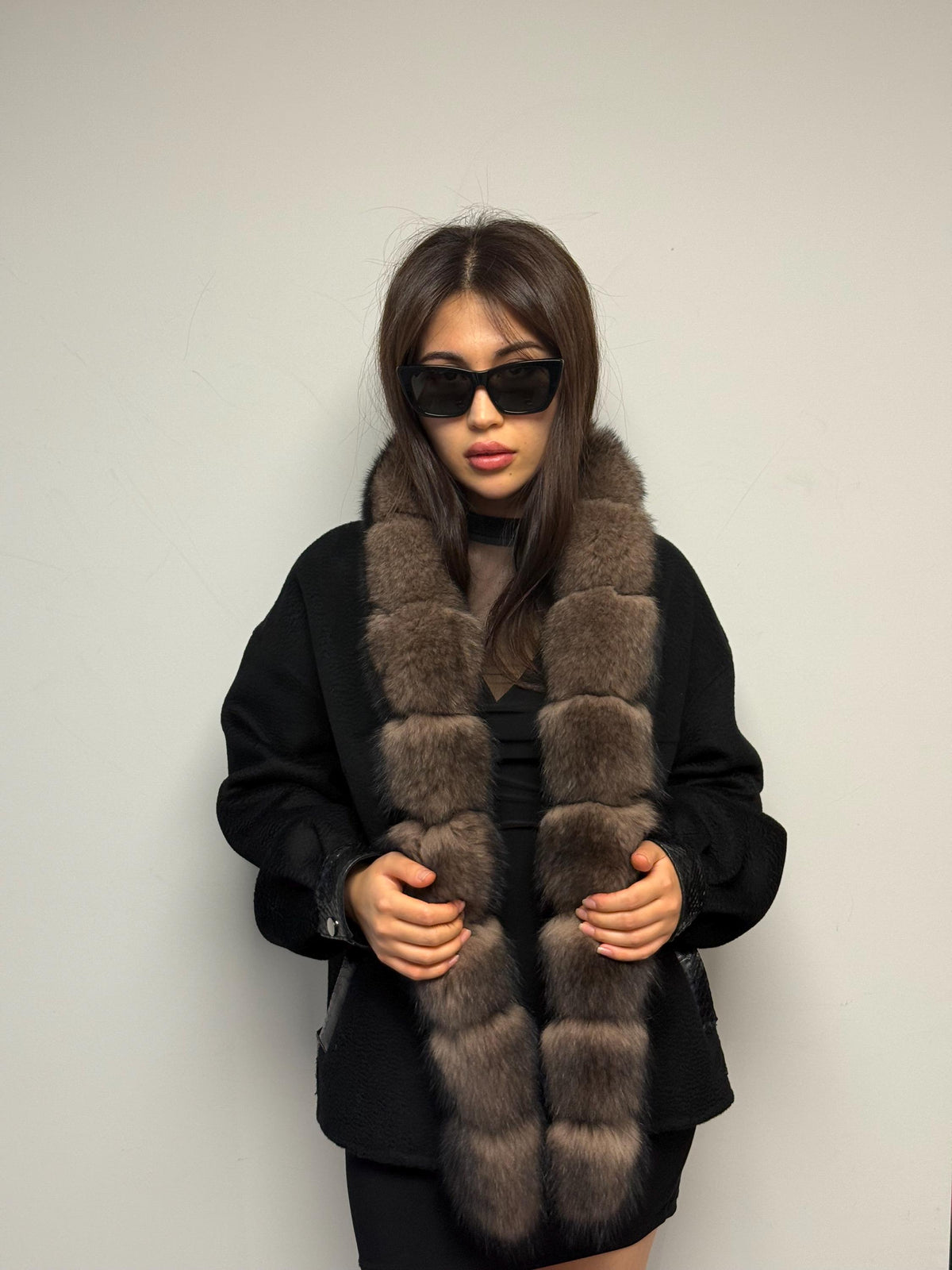 Black Zibellino Alpaca Jacket, Women’s Handmade Short Virgin Wool & Front Fox Fur Coat