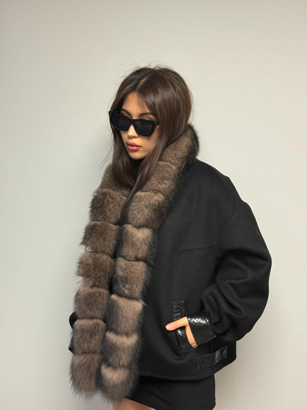 Black Zibellino Alpaca Jacket, Women’s Handmade Short Virgin Wool & Front Fox Fur Coat