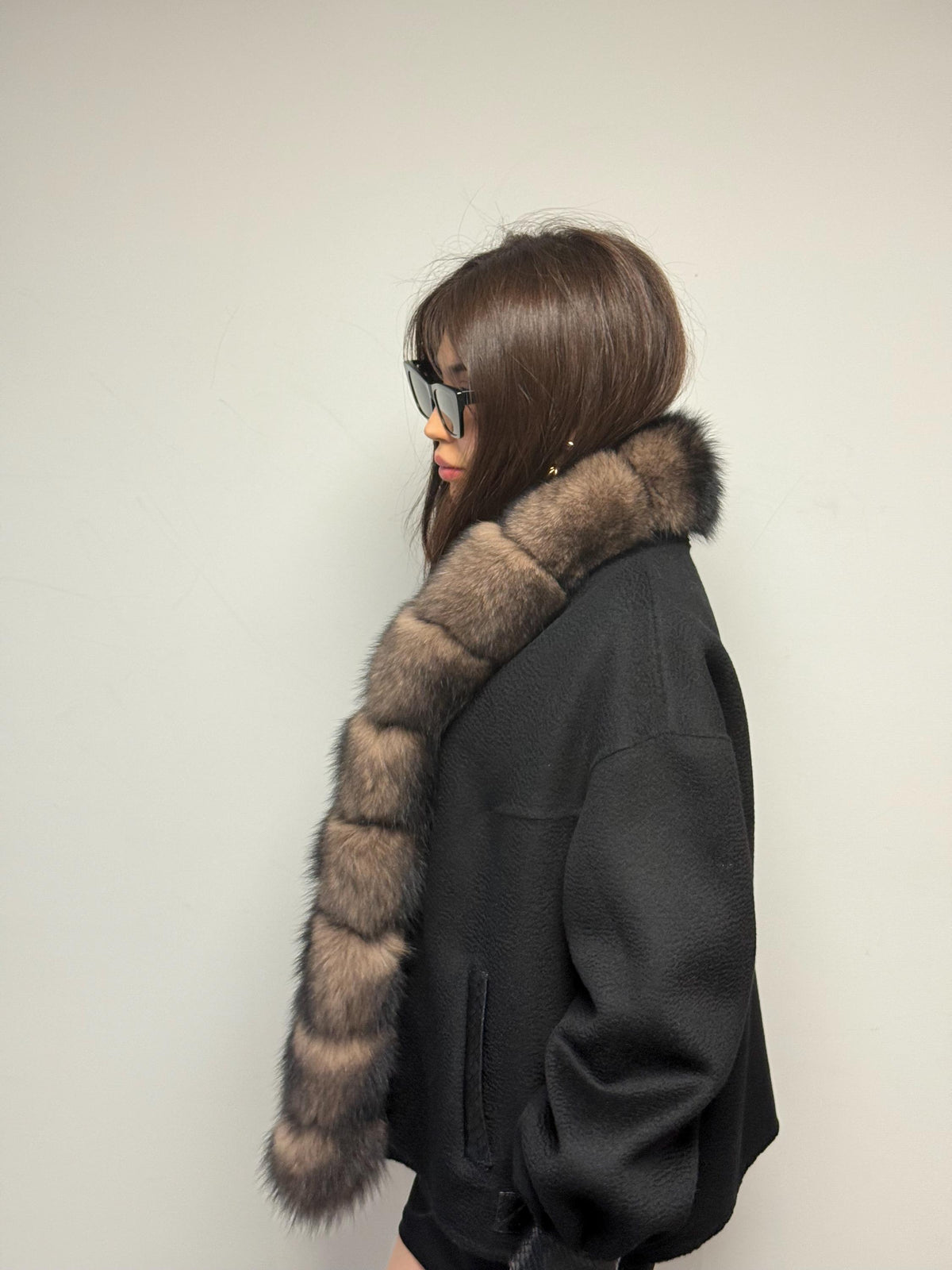 Black Zibellino Alpaca Jacket, Women’s Handmade Short Virgin Wool & Front Fox Fur Coat