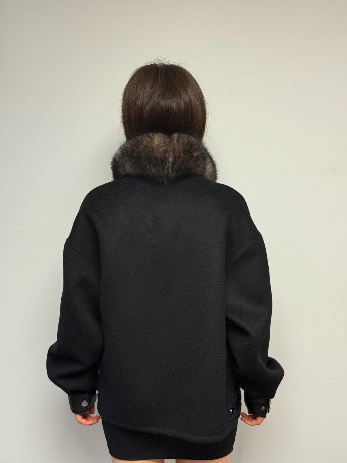 Black Zibellino Alpaca Jacket, Women’s Handmade Short Virgin Wool & Front Fox Fur Coat