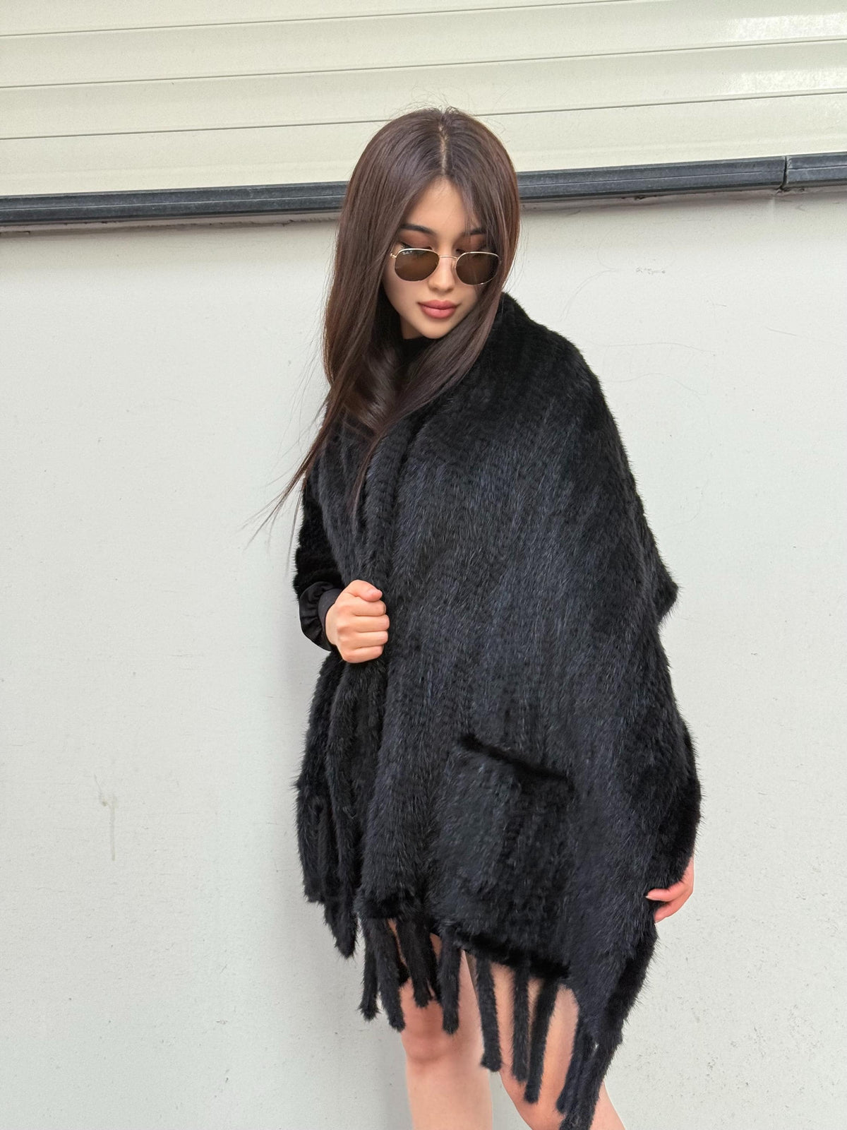 Black / Brown Real Mink Fur Shawl Cape with Fringe and Pockets – Luxury Winter Wrap Handmade Elegant Soft Genuine Fur Cloak Poncho