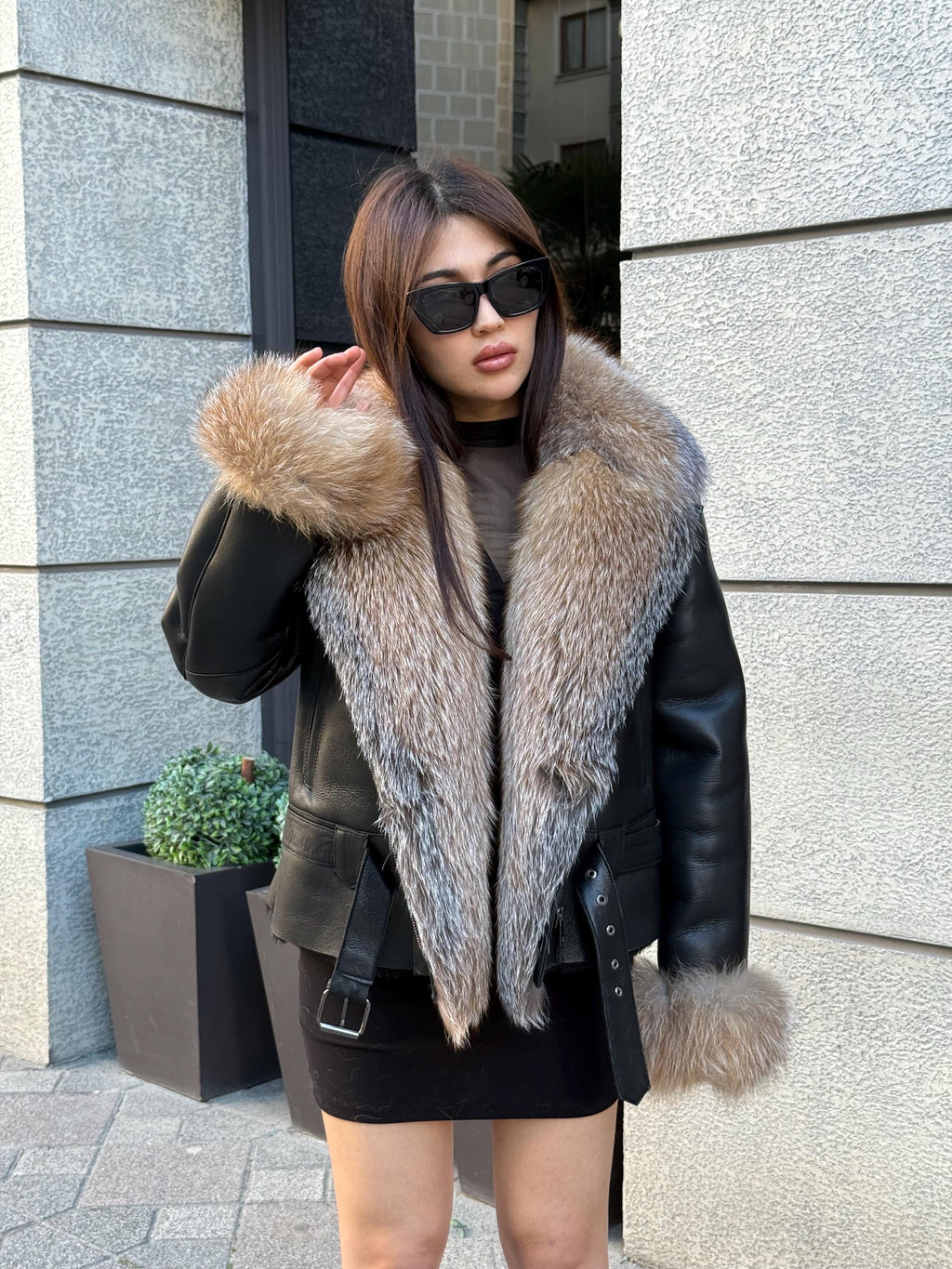 Black Women’s Shearling Coat, Handmade Lamb Short Front Fox Fur Jacket