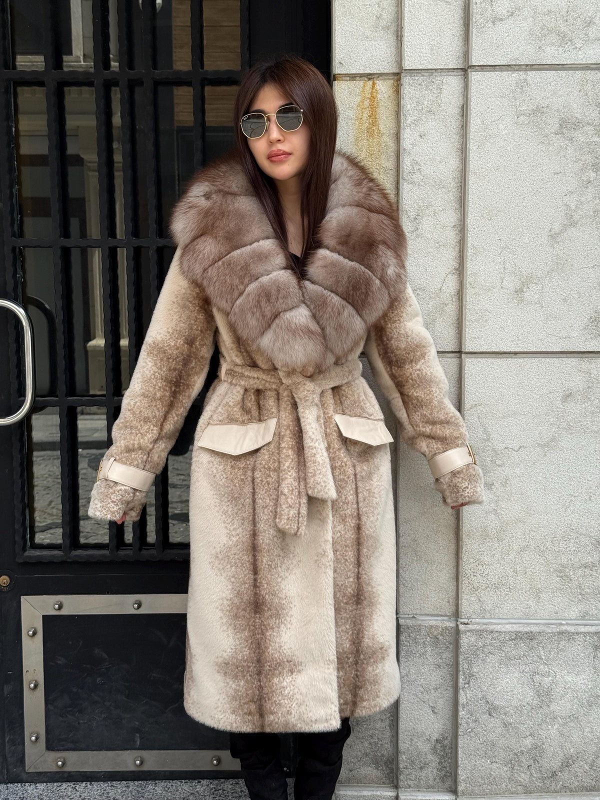 Beige Long Faux Mink Fur Coat, Collar Genuine Fox Fur Jacket. - Women Fox Fur Jacket.. Fox Fur