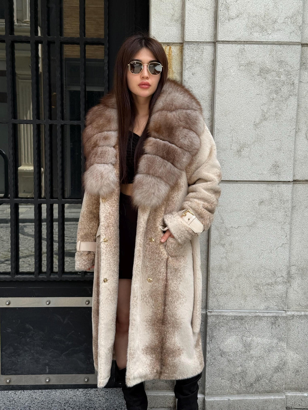 Beige Long Faux Mink Fur Coat, Collar Genuine Fox Fur Jacket. - Women Fox Fur Jacket.. Fox Fur