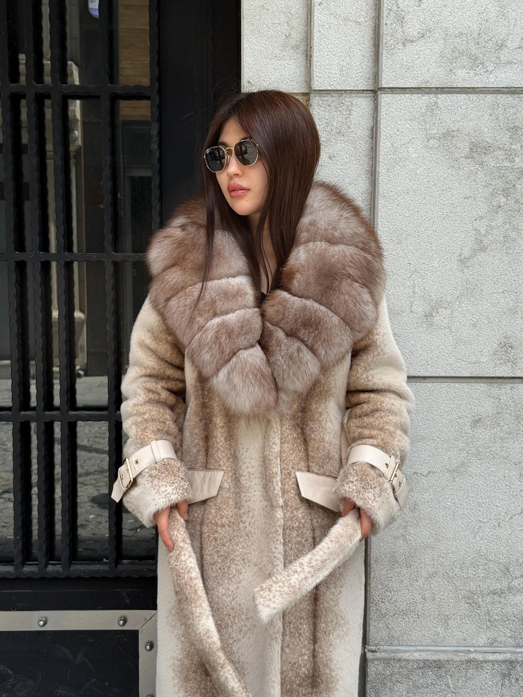 Beige Long Faux Mink Fur Coat, Collar Genuine Fox Fur Jacket. - Women Fox Fur Jacket.. Fox Fur