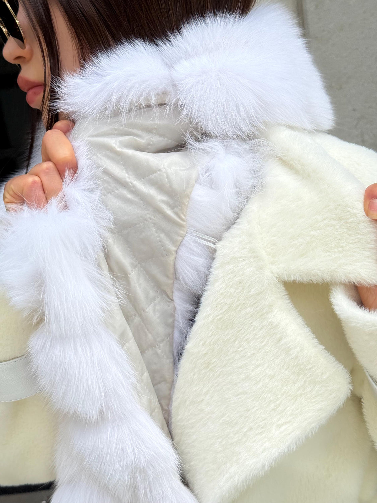 White Long Alcantara Coat, Collar - White Shadow Fox Fur Jacket, - Women Fox Fur Jacket… Fox Fur Jacket
