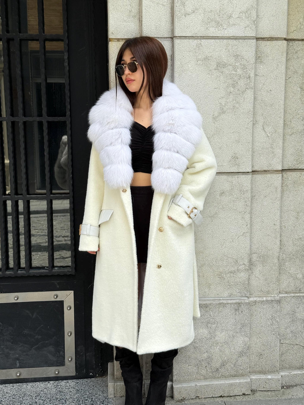 White Long Alcantara Coat, Collar - White Shadow Fox Fur Jacket, - Women Fox Fur Jacket… Fox Fur Jacket