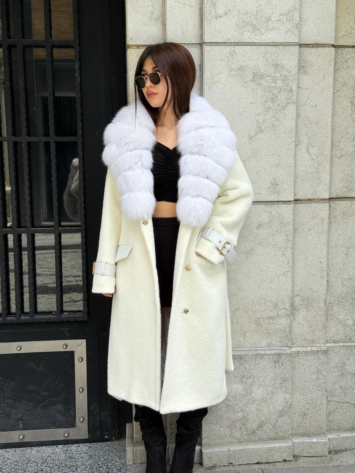 White Long Alcantara Coat, Collar - White Shadow Fox Fur Jacket, - Women Fox Fur Jacket… Fox Fur Jacket