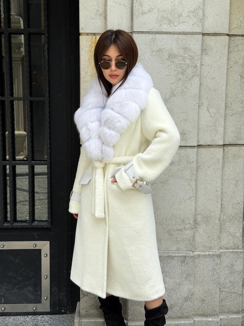 White Long Alcantara Coat, Collar - White Shadow Fox Fur Jacket, - Women Fox Fur Jacket… Fox Fur Jacket