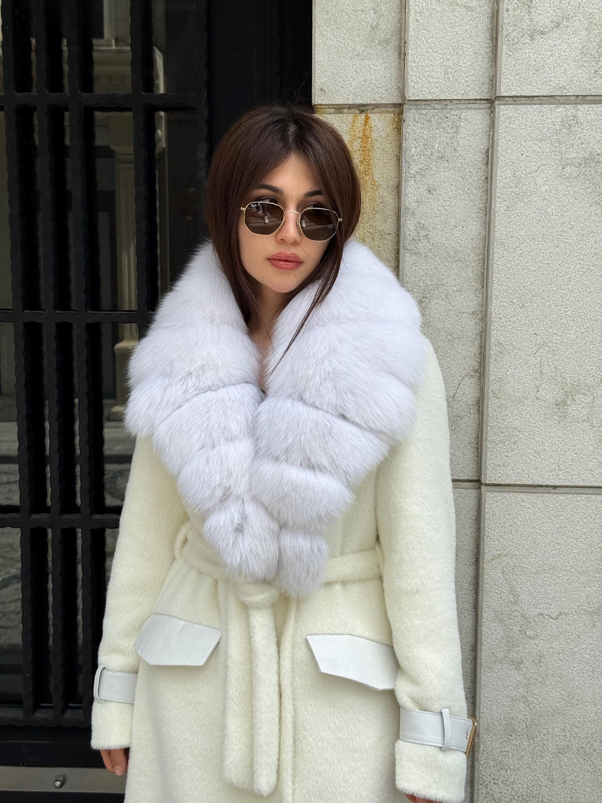 White Long Alcantara Coat, Collar - White Shadow Fox Fur Jacket, - Women Fox Fur Jacket… Fox Fur Jacket