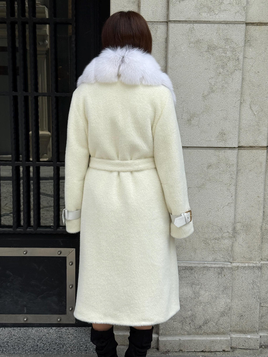 White Long Alcantara Coat, Collar - White Shadow Fox Fur Jacket, - Women Fox Fur Jacket… Fox Fur Jacket