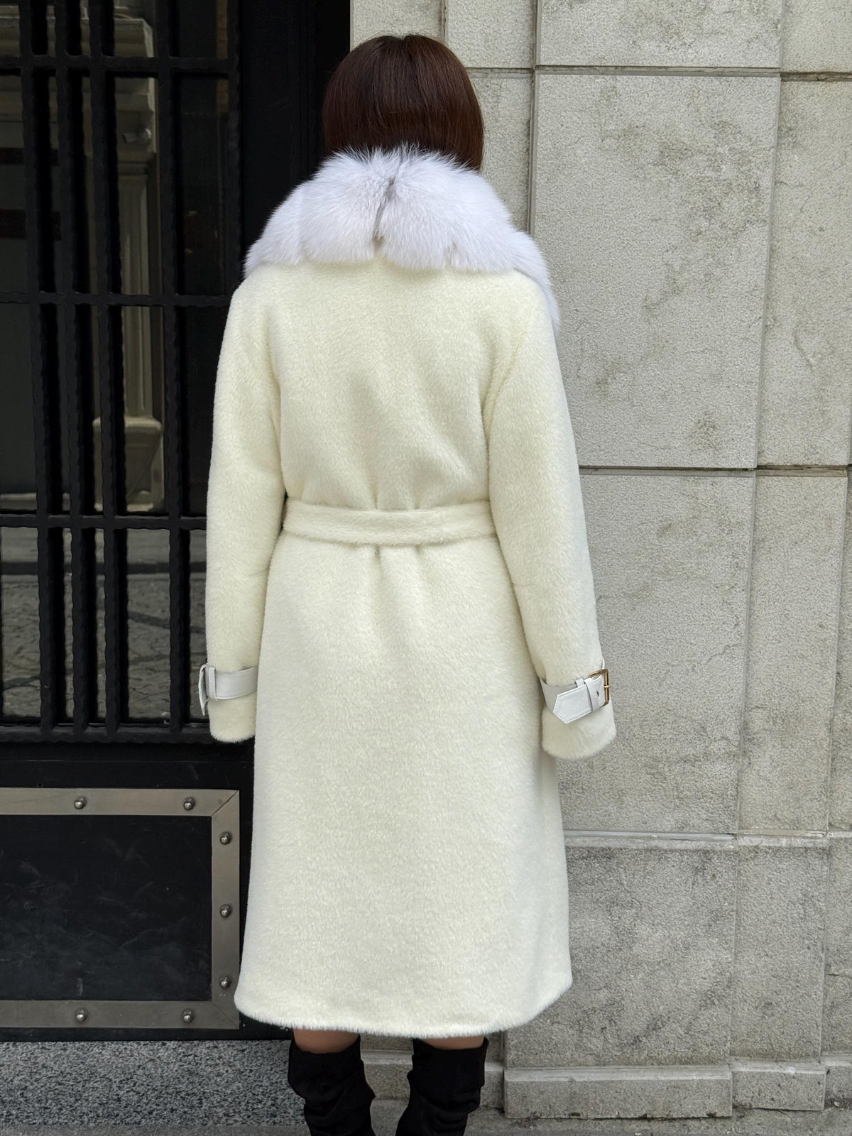 White Long Alcantara Coat, Collar - White Shadow Fox Fur Jacket, - Women Fox Fur Jacket… Fox Fur Jacket