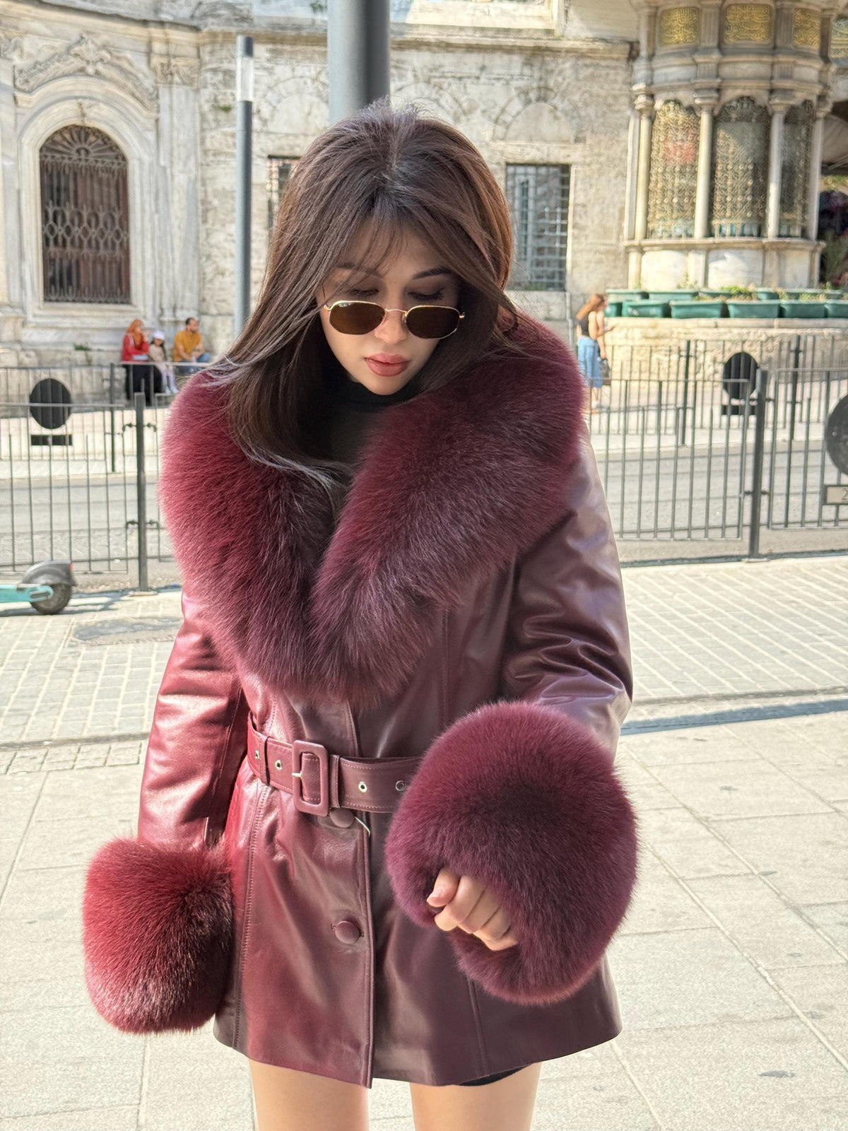 Women’s Burgundy Leather Jacket, Handmade Collar & Cuffs Fox Fur Coat
