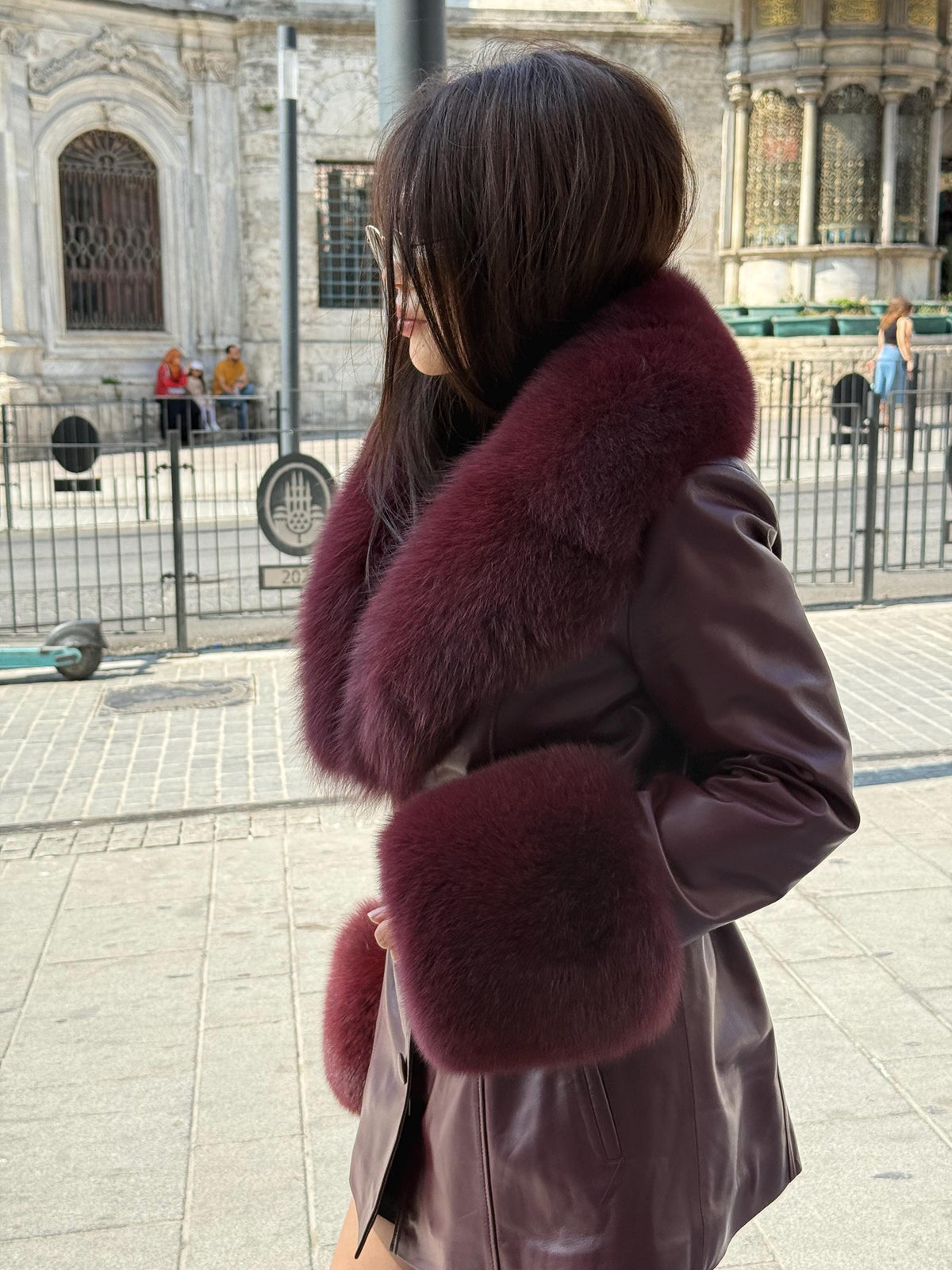 Women’s Burgundy Leather Jacket, Handmade Collar & Cuffs Fox Fur Coat