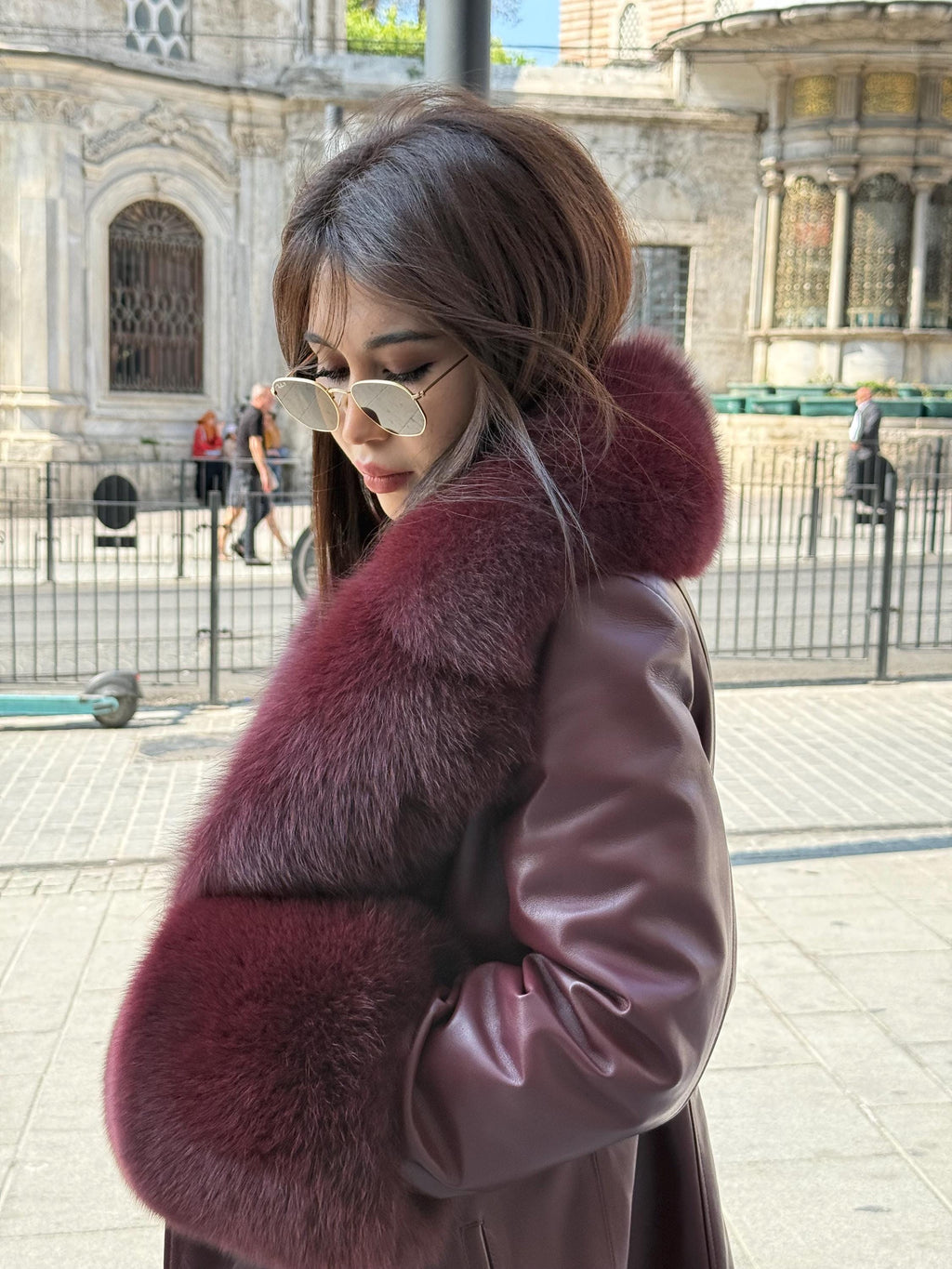 Women’s Burgundy Leather Jacket, Handmade Collar & Cuffs Fox Fur Coat