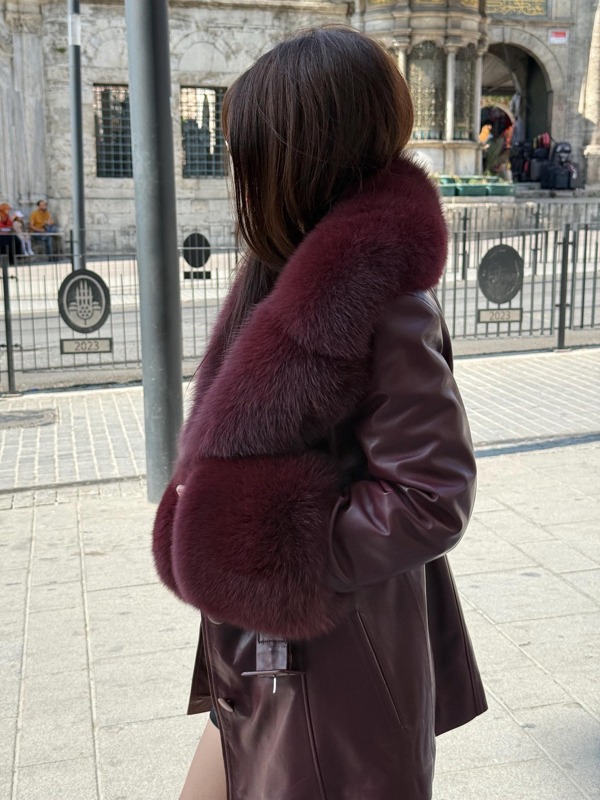 Women’s Burgundy Leather Jacket, Handmade Collar & Cuffs Fox Fur Coat