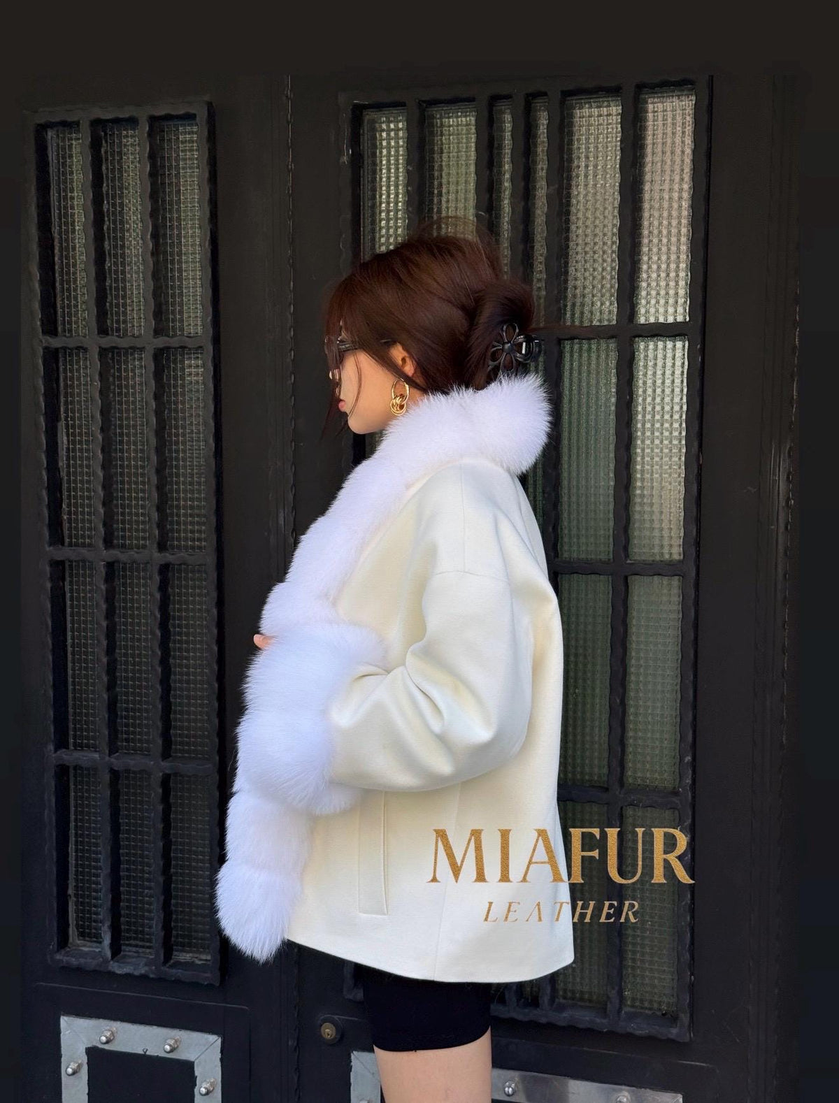 White Fur Trim Cashmere Jacket, Women’s Handmade Short Wool & Fox Fur Coat