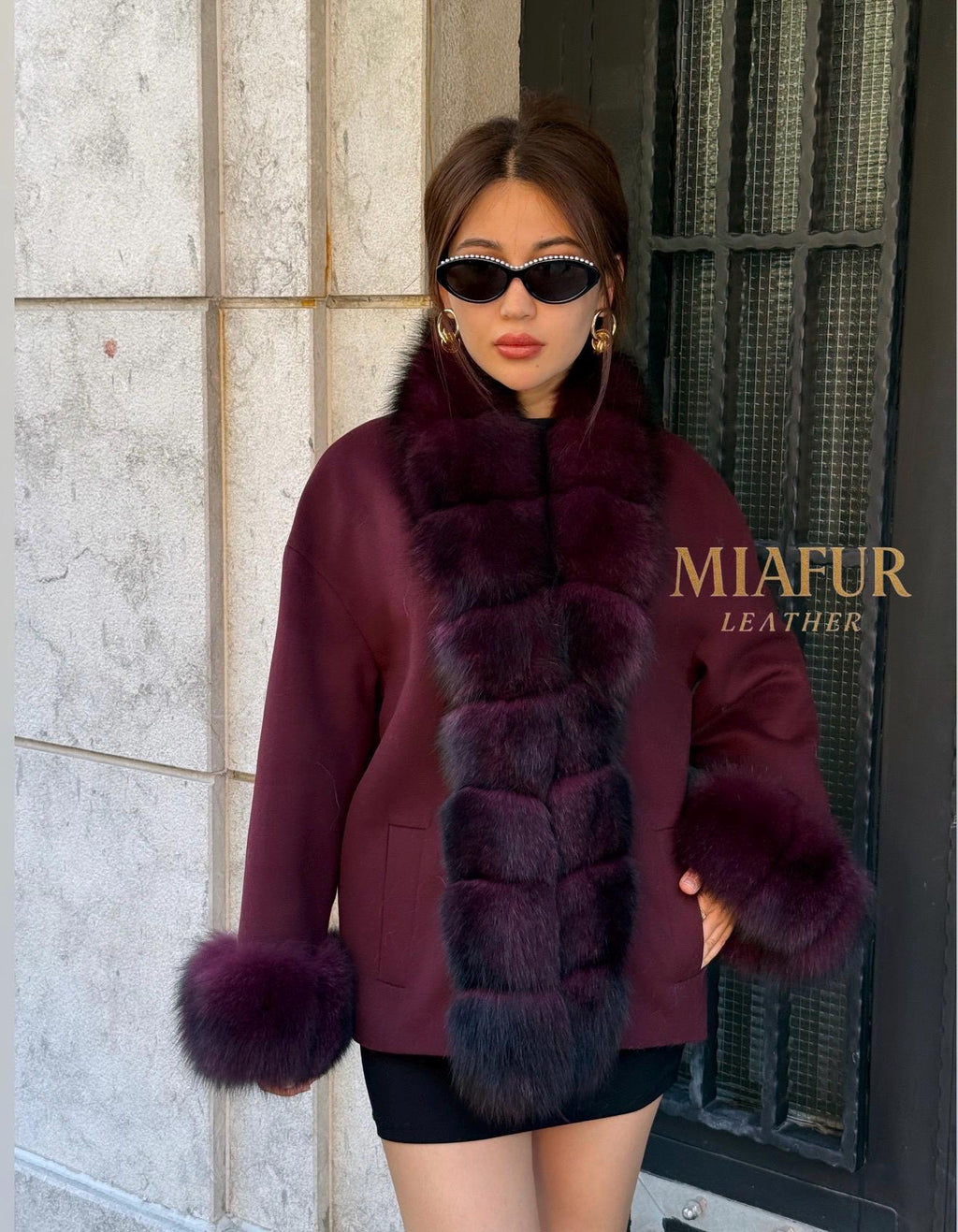 Burgundy Cashmere Black Short Jacket . Front & Cuffs Fox Fur Jacket